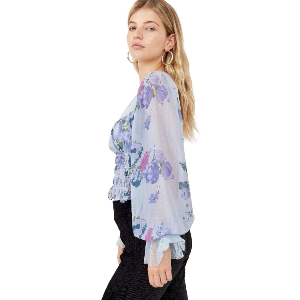 Free People Daphne Floral Lace Blouse Blue Combo NWT Small - Picture 10 of 13